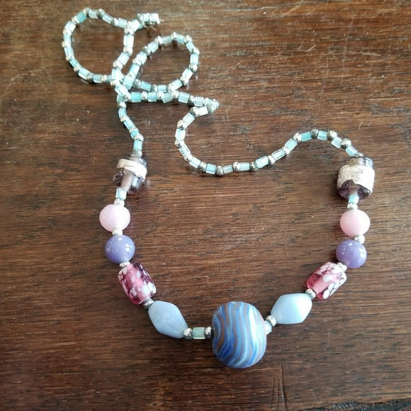 Relisted -striped Bead Necklace Pink Grey Lavender - Picture 2 of 4